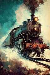 Fototapeta premium Train vintage contemporary oil painting (Ai generated)