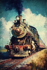 Fototapeta premium Train vintage contemporary oil painting (Ai generated)