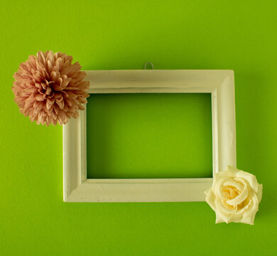 A white rose and a pink world decorate a white picture frame that is mounted on a green wall