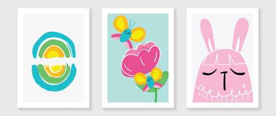 Cute comic easter wall art vector set. Collection of adorable hand painted rainbow, butterfly, flower, pink rabbit. Design for nursery wall art in doodle style, baby, kids poster, card, invitation.
