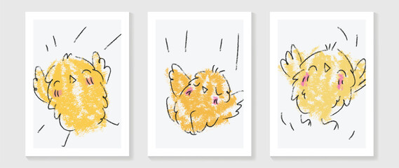 Cute comic easter wall art vector set. Collection of adorable hand painted brush watercolor little chick. Design illustration for nursery wall art in doodle style, baby, kids poster, card, invitation.