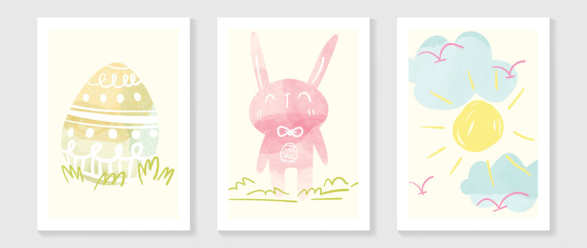 Cute comic easter wall art vector set. Collection of adorable hand painted watercolor easter egg, pink rabbit, sky. Design for nursery wall art in doodle style, baby, kids poster, card, invitation.