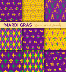 Mardi Gras seamless pattern with masks, jester s hats, crown an fleur de lis. Set of backgrounds - 580244032