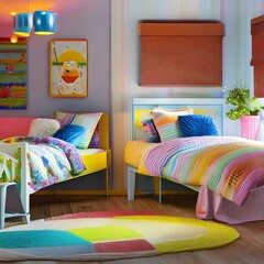 10 A cheerful children's bedroom with twin beds, colorful bedding, and fun wall art 3_SwinIRGenerative AI
