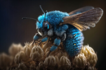 Obraz premium Mystical glowing bee in a magical nature. Isolated on blurred background. Stunning animals in nature travel or wildlife photography made with Generative AI
