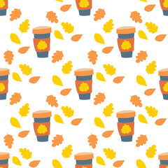 Autumn fall vector seamless pattern. Orange and yellow leaves with tumbler coffee cup. Cute hand drawn harvest seasonal farmhouse illustration on white background