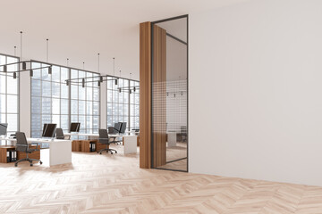 White and wooden open space office corner - obrazy, fototapety, plakaty