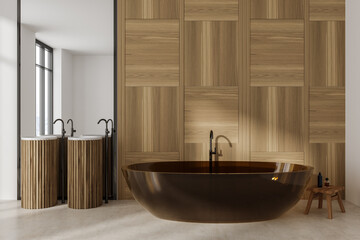 Modern bathroom interior with double sink and tub, empty wooden wall