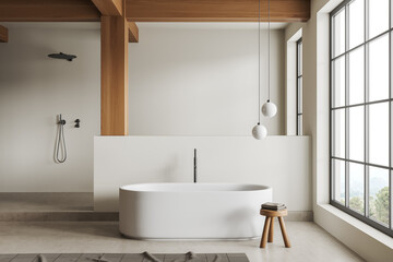 Light bathroom interior with bathtub and douche on podium, panoramic window