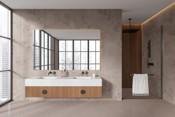 Beige bathroom interior with double sink and douche, panoramic window
