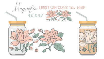 Printable Full wrap for libby class can. Floral pattern with magnolia flowers - 580244880