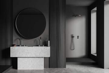 Grey bathroom interior with double sink and douche, accessories and window