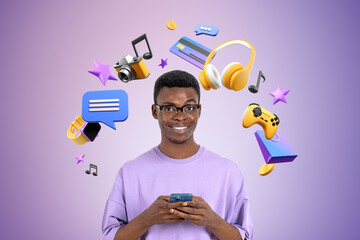 Smiling African man with smartphone, online entertainment