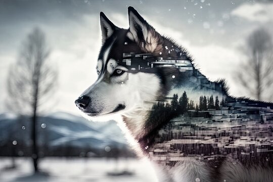 A winter picture of an angry Siberian husky dog. Double exposure. Generative AI
