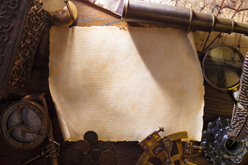 Vintage captain's desk with empty paper scroll. Adventure and travel concept. Still life on old...