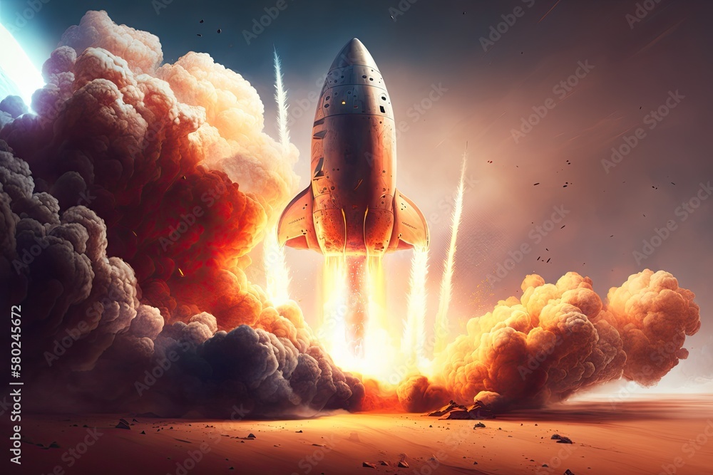 Poster a spaceship blasts off on a trip to the red planet. the rocket blasted off into space, heading for t