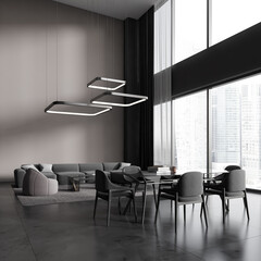 Brown living room interior with dining and relaxing area, panoramic window