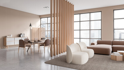 Beige living room and dining room interior