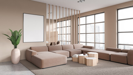 Cozy modern living room interior couch and meeting zone, mockup frame