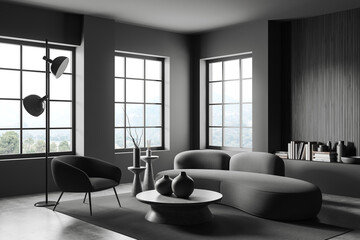 Grey living room interior with armchair and couch with decoration and window