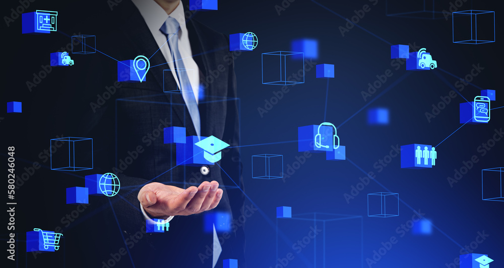 Poster man showing internet of things interface