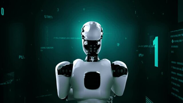 Futuristic robot artificial intelligence huminoid AI programming coding technology development and machine learning concept. Robotic bionic science research for future of human life. 3D rendering.
