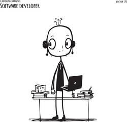 Programmer working on web development on Laptop computer. Software developers. Hand drawn vector illustrations. 