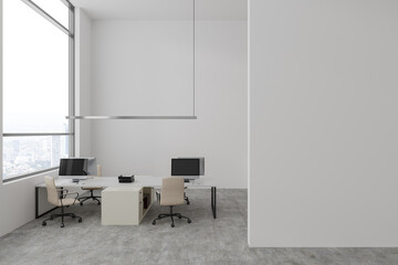 Light business room interior with coworking area, panoramic window. Mockup wall