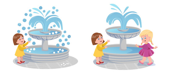 Illustration of kids playing around the fountain