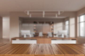 Empty wooden desk and office room interior with furniture and window, mockup