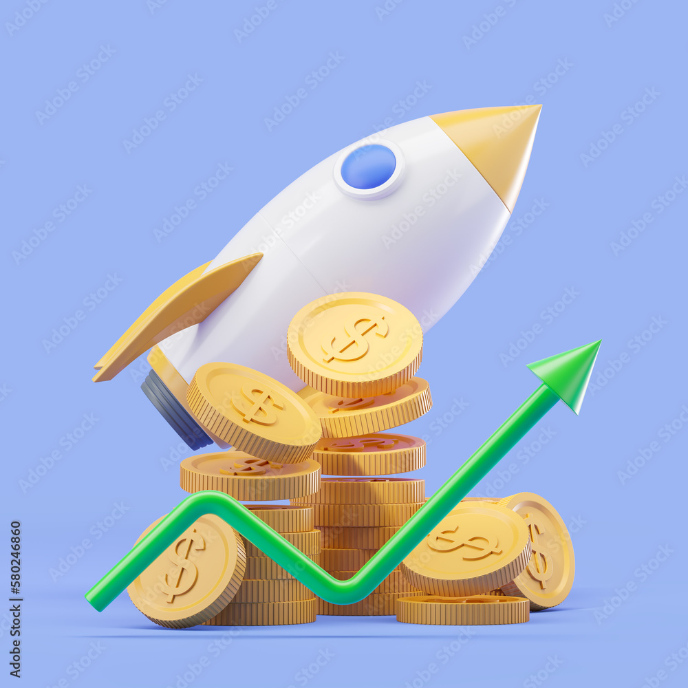 Aufkleber 3d rendering. rocket launch and rising line with stack of coins, investment in startup