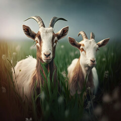 Goats eat grass in the meadow. Created with Generative AI.