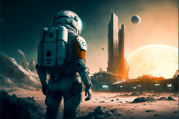 futuristic astronaut standing on the moon with new town, Generative AI