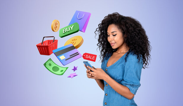 African woman with phone, online shopping and digital payment