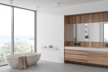 Fototapeta na wymiar Light bathroom interior with double sink and tub near panoramic window. Mockup