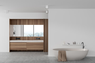 Obraz na płótnie Canvas Luxury bathroom interior with double sink and tub, mockup wall