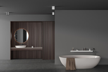 Fototapeta na wymiar Grey bathroom interior with sink and mirror, tub with mockup wall