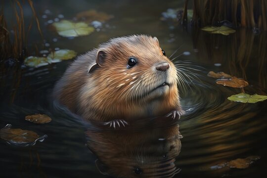 A picture of an ondatra zibethicus muskrat, a rodent that lives in wetlands. Muskrat, Ondatra zibethicus, a rodent that lives in water, in its natural habitat. Generative AI