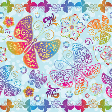 Vector colorful seamless spring gradient pattern with lace butterflies and vintage flowers