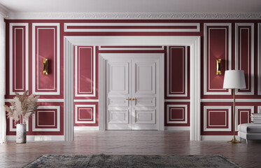 Living room with double doors, premium style. Neoclassic interior design. 3d illustration