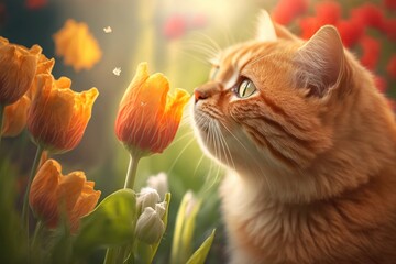 Obraz na płótnie Canvas Red cat smells like a tulip. A close up of a cute, beautiful orange cat sniffing flowers in a garden. Lovely scenery in the background. Wildflowers and a fluffy pet. At home on a cozy morning