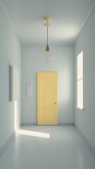 Yellow door in a white room, photorealistic illustration, Generative AI