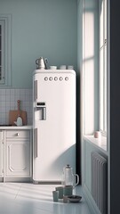 Retro-style refrigerator by the kitchen window, photorealistic illustration, Generative AI