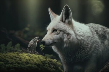 White wolf eating rabbit in forest in nature, prey in teeth up close, danger wildlife photo. Generative AI