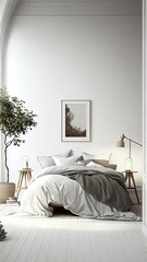 Bedroom interior in white, high ceiling and wood floor, photorealistic illustration, Generative AI