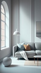 White lounge interior with a large window, photorealistic illustration, Generative AI