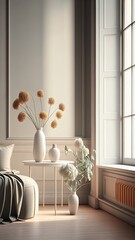 Flower vases in the light through the window, photorealistic illustration, Generative AI