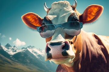 Super funny cow in sunglasses isolated on colored background. Printable artwork. Background or wallpaper.  Generative AI