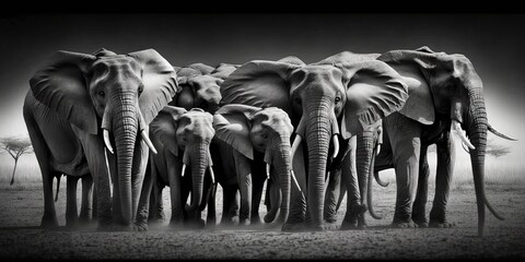 A group of elephants. A beautiful photo to print on the wall. Printable artwork. Background or wallpaper.  Generative AI