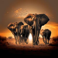 Fototapeta na wymiar A group of elephants. A beautiful photo to print on the wall. Printable artwork. Background or wallpaper. Generative AI